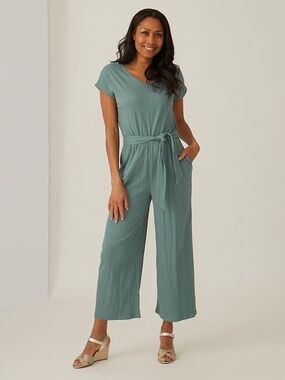 Cuddl Duds Teal Short Sleeve Wide Leg Jumpsuit with Tie Waist